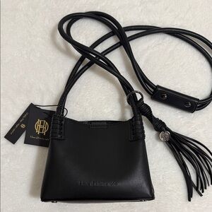 House of Harlow 1960 Black Leather Mini Crossbody with Tassel